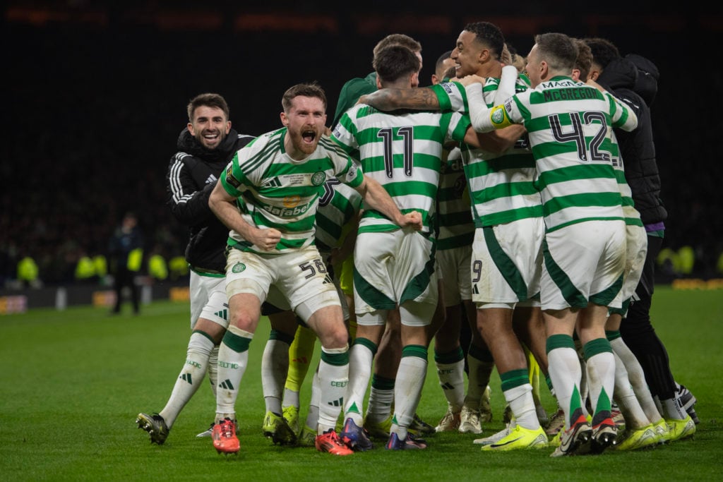 Anthony Ralston of Celtic celebrates with team mates after the penalty shoot out during the Premier Sports Cup Final between Celtic and Rangers at ...