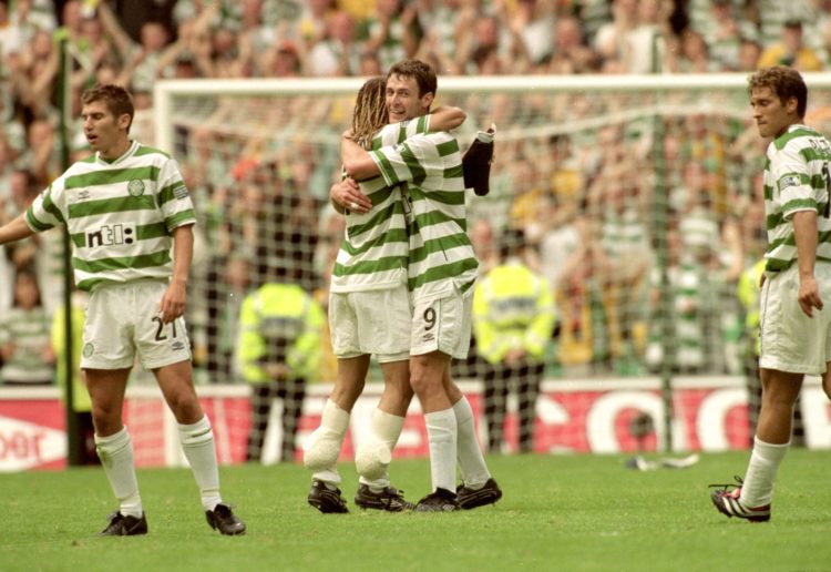 27 Aug 2000:  Henrik Larsson and Chris Sutton of Celtic celebrate after the Scottish Premier League match against Rangers at Celtic Park in Glasgow...