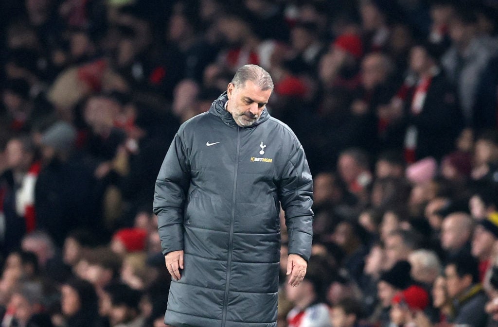 Ange Postecoglou manager / head coach of Tottenham Hotspur reacts during the Premier League match between Arsenal FC and Tottenham Hotspur FC at Em...