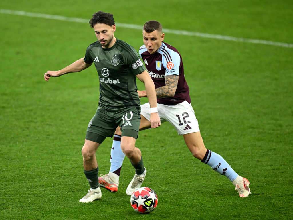 Jacob Ramsey and Lucas Digne of Aston Villa are challenged by Nicolas Kuehn of Celtic during the UEFA Champions League 2024/25 League Phase MD8 mat...