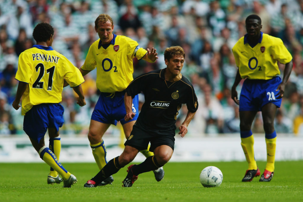 Stilian Petrov of Celtic and Jermaine Pennant, Ray Parlour and Kolo Toure of Arsenal