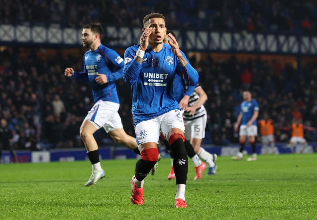 James Tavernier of Rangers reacts after having a penalty saved during the Scottish Gas Scottish Cup match between Rangers FC and Queens Park at Ibr...