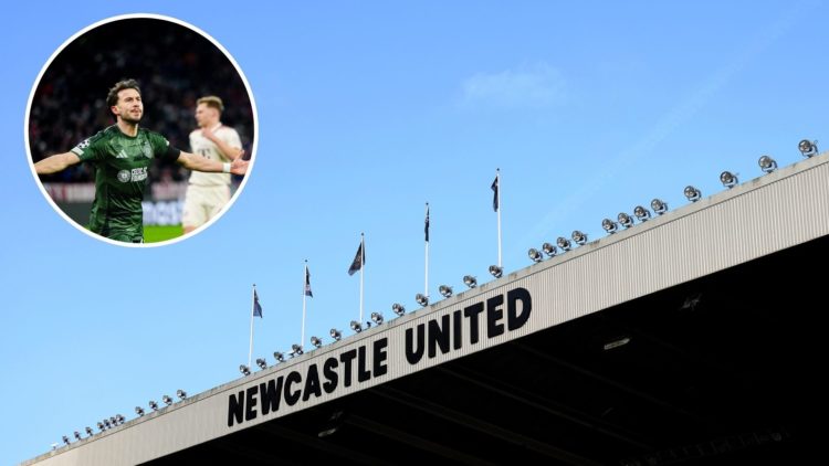 Nicolas Kuhn in action for Celtic. Inset of Newcastle United's stadium, St James' Park.