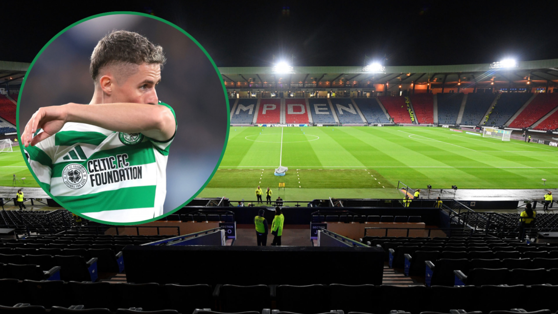 General stadium view of Hampden Park before Scotland Nations League tie. Inset, Celtic player Luke McCowan.