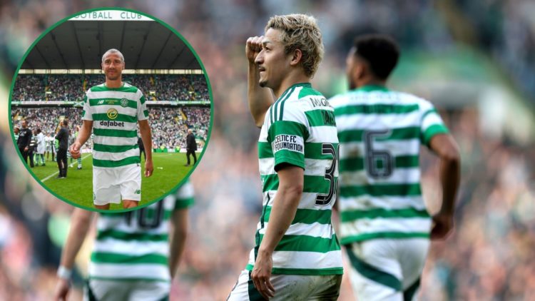 Daizen Maeda celebrates a Celtic goal, with an inset of Henrik Larsson.