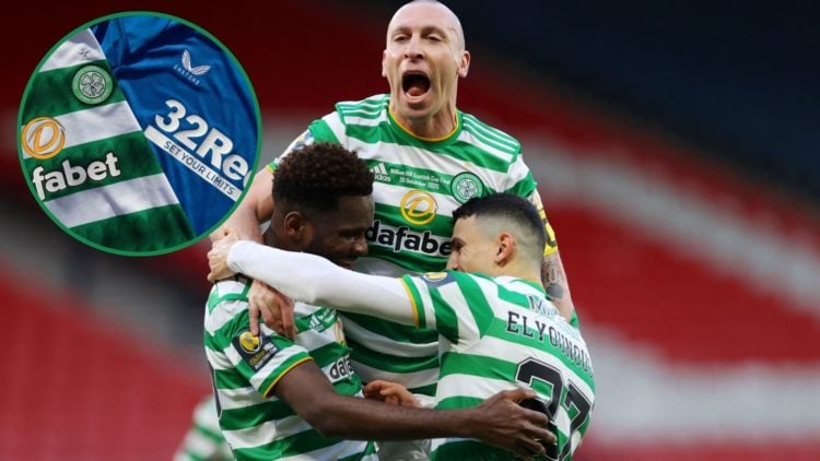 Scott Brown celebrates for Celtic, with an inset of the Celtic and Rangers shirts