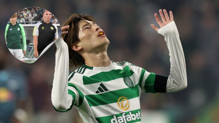 Kyogo Furuhashi at Celtic, with an inset of Brendan Rodgers and Kyogo together.