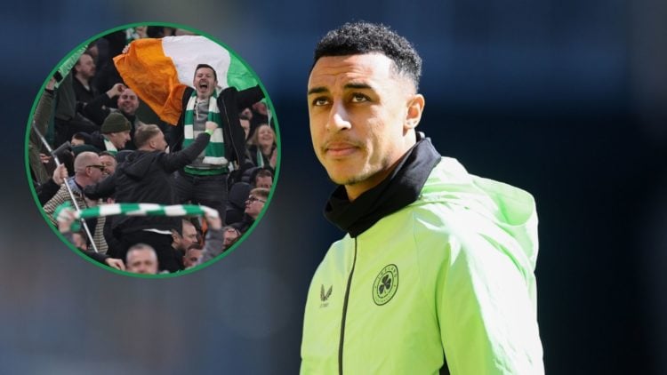 A picture of Adam Idah on Republic of Ireland duty, wit an inset of Celtic fans.