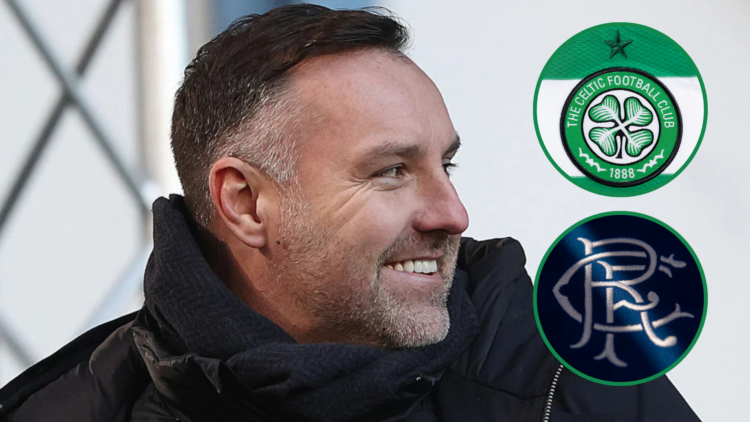Kris Boyd smiles in main image, insets Celtic and Rangers crests
