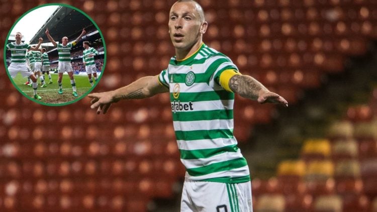 Scott Brown playing for Celtic, with an inset of Brown celebrating with Mikael Lustig.