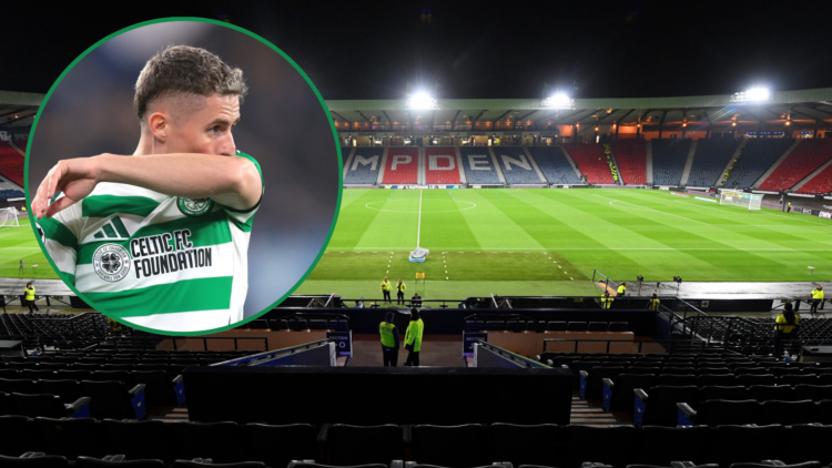General stadium view of Hampden Park before Scotland Nations League tie. Inset, Celtic player Luke McCowan.