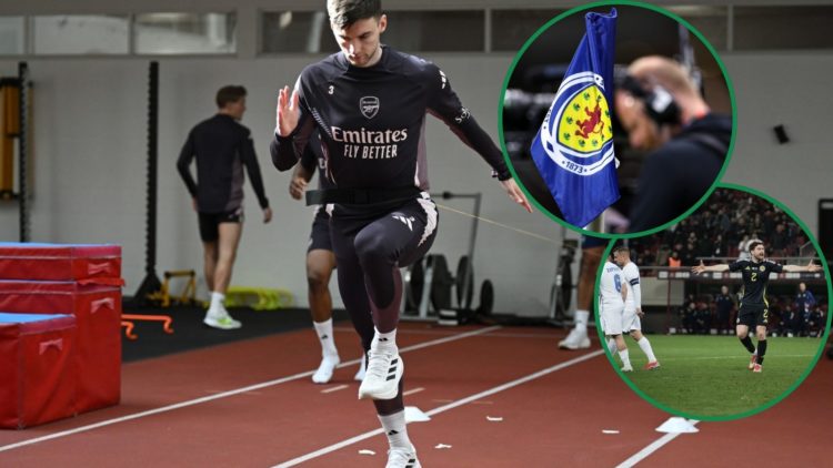 Kieran Tierney trains for Arsenal, with two insets of Celtic's Anthony Ralston and the Scotland flag.