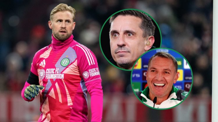 Kasper Schmeichel in background with surprised pundit Gary Neville and laughing Brendan Rodgers both inset to the right