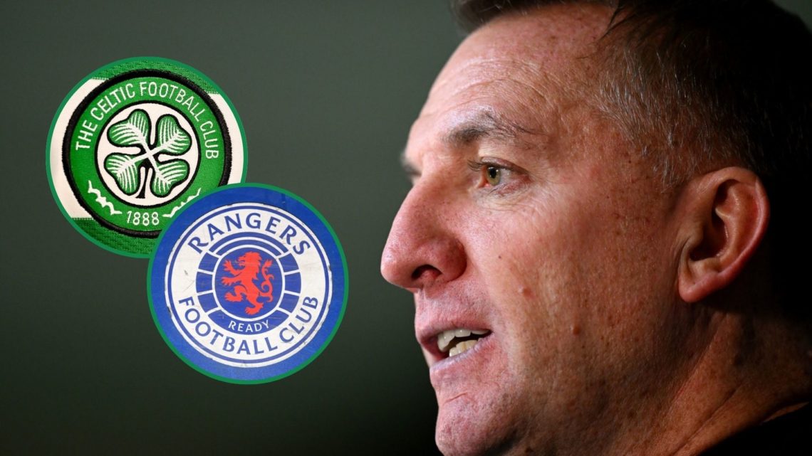 Brendan Rodgers with Celtic and Rangers badges to his left inset