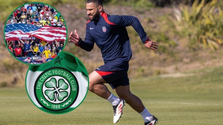 Cameron Carter-Vickers in training for the USMNT, with two insets of the USA flag and the Celtic badge.