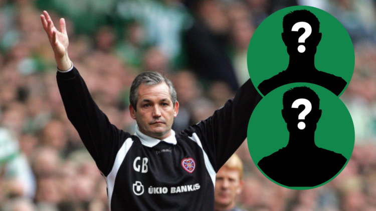 Former Hearts manager George Burley working with Hearts at Celtic Park. Insets two circular images of mystery players.