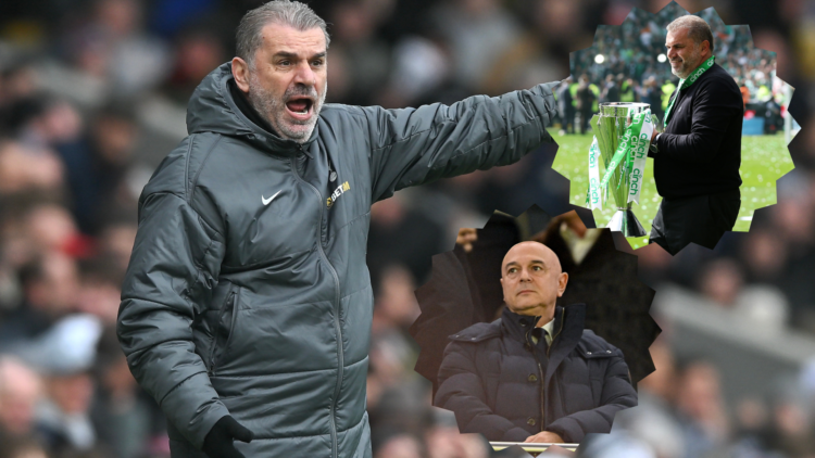 Ange Postecoglou at Tottenham, with two insets of Daniel Levy and Postecoglou lifting a trophy at Celtic.