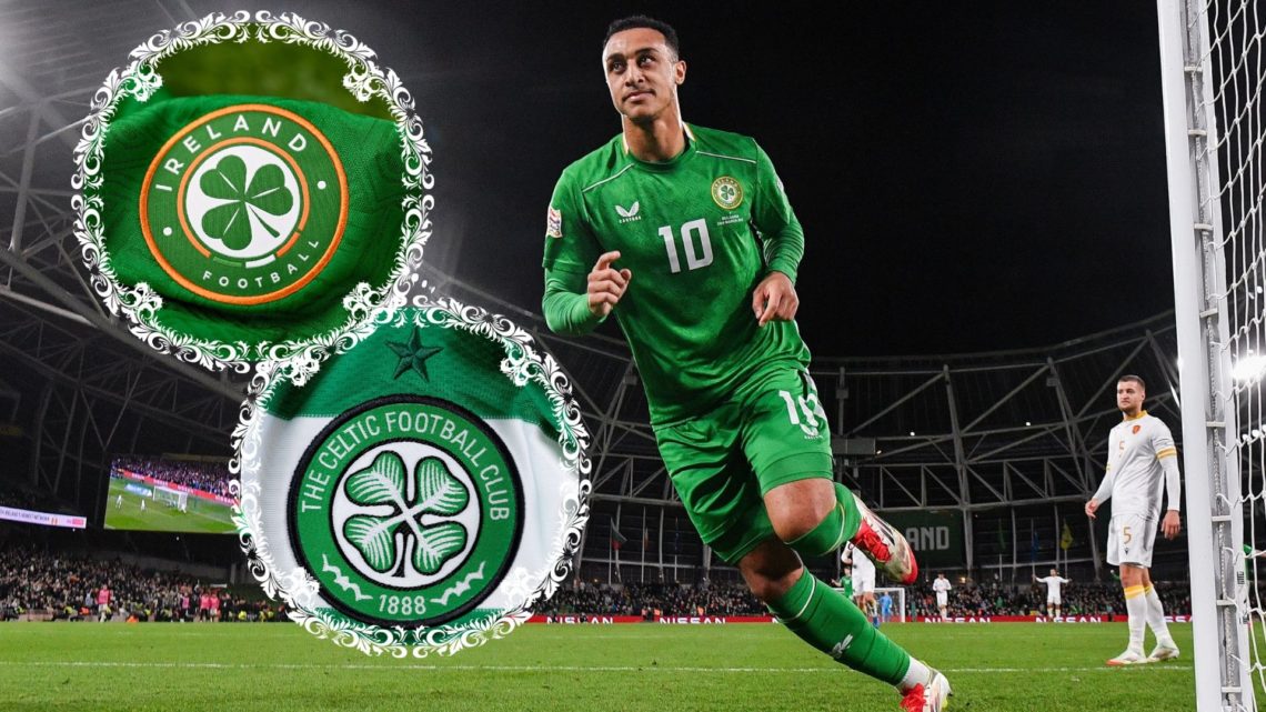 Adam Idah celebrates a goal for the Republic of Ireland, with two insets, including the Celtic badge.
