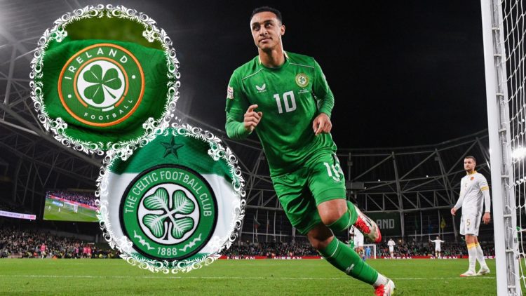 Adam Idah celebrates a goal for the Republic of Ireland, with two insets, including the Celtic badge.