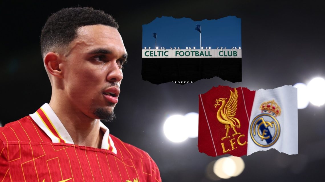 An image of Trent Alexander-Arnold, with two insets of Celtic's home ground, and combined Liverpool and Real Madrid badges
