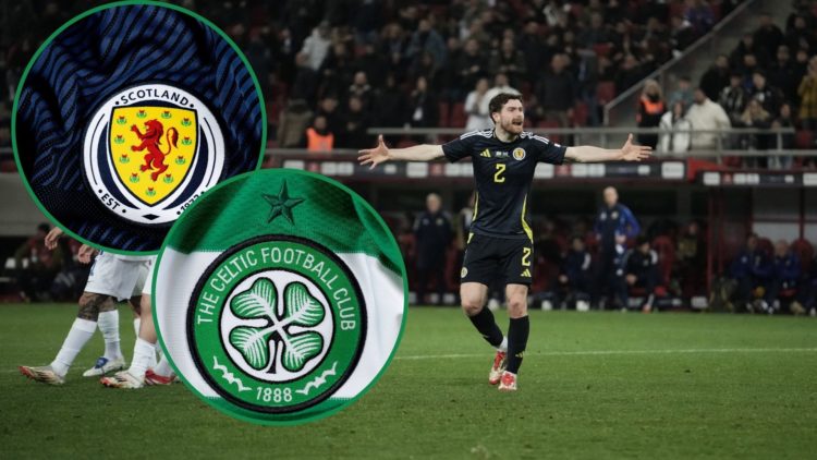 An image of Anthony Ralston, with two insets of the Scotland and Celtic badges.