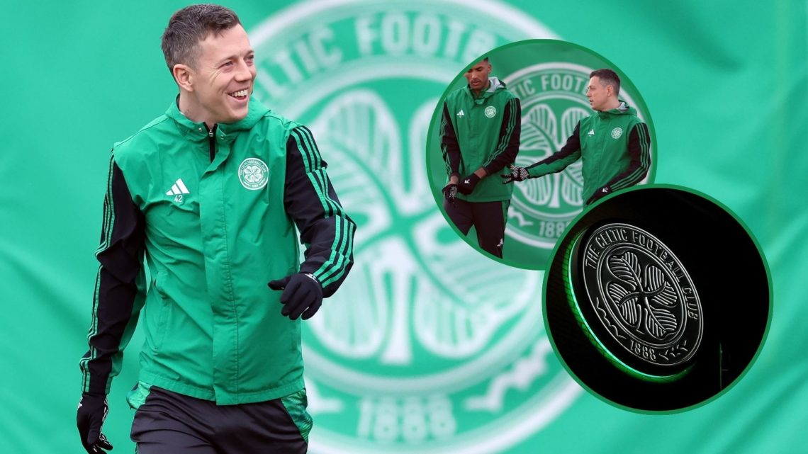 A picture of Callum McGregor, with two insets of the Celtic badge and McGregor, alongside Auston Trusty.