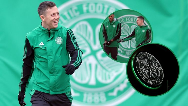 A picture of Callum McGregor, with two insets of the Celtic badge and McGregor, alongside Auston Trusty.
