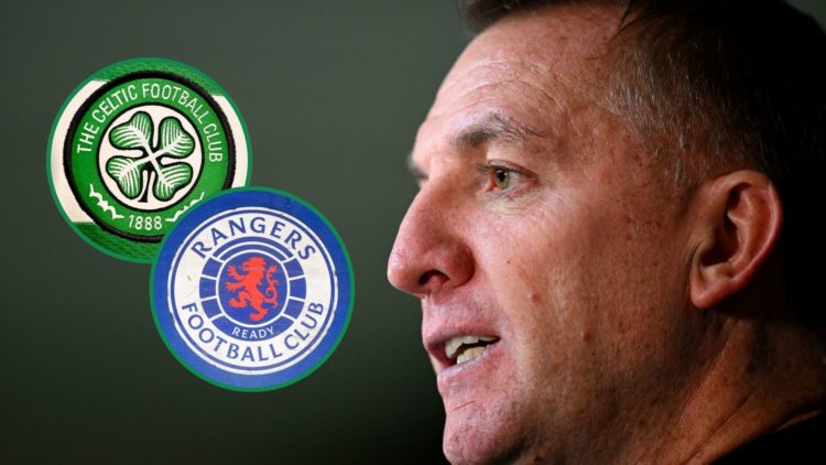 Brendan Rodgers with Celtic and Rangers badges to his left inset