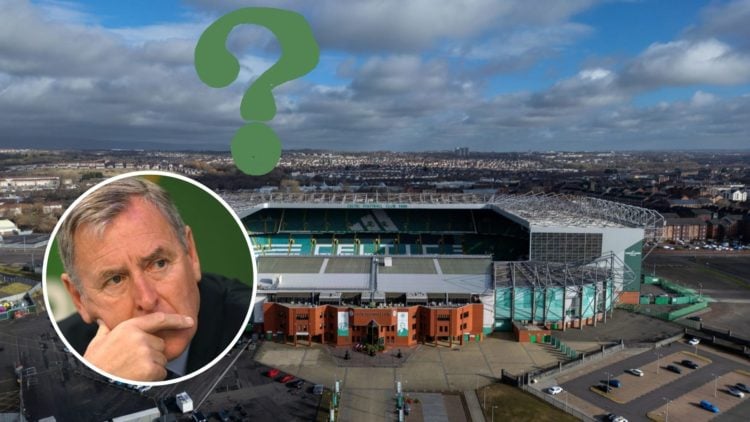 An image of Celtic hero Pat Bonner with Celtic Park as the background.