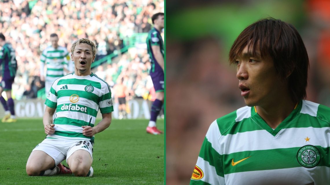 Daizen Maeda celebrates (left) for Celtic and Shunsuke Nakamura (right)