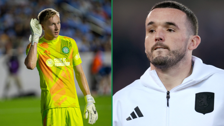 John McGinn playing for Aston Villa vs Club Brugge (L), Celtic goalkeeper Viljami Sinisalo in action (R)