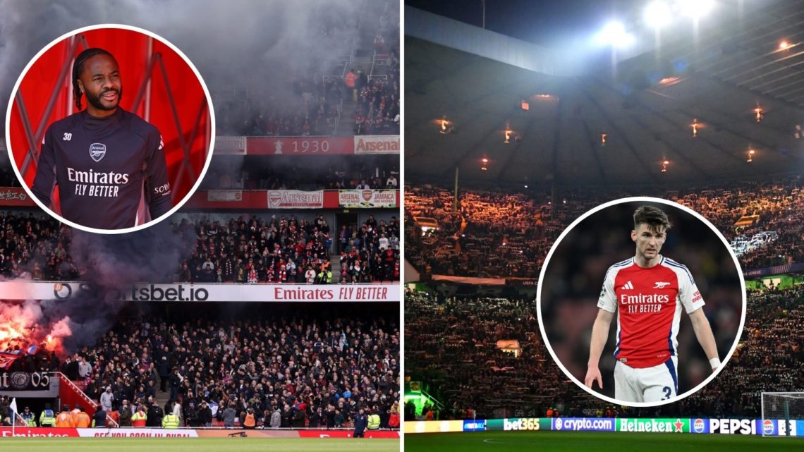 A four-way image of Celtic fans, Arsenal supporters, Kieran Tierney and Raheem Sterling.