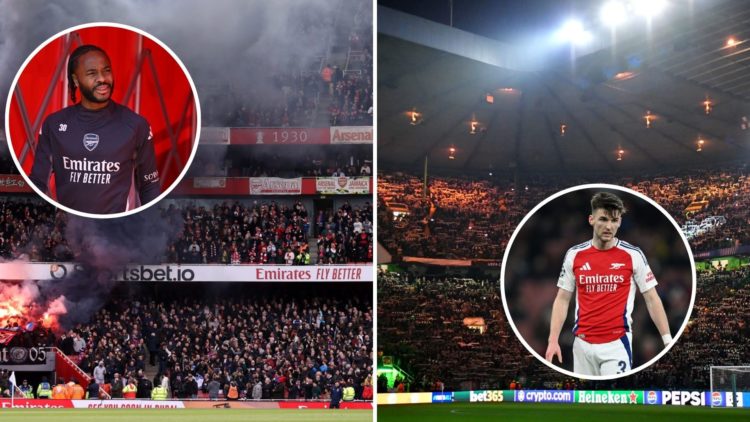 A four-way image of Celtic fans, Arsenal supporters, Kieran Tierney and Raheem Sterling.