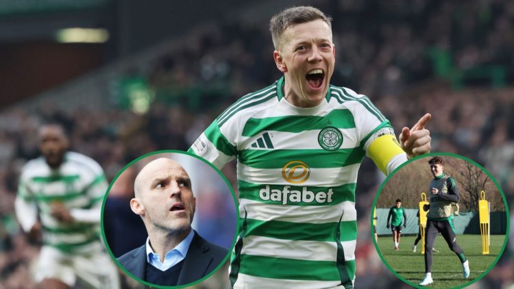 Image of Celtic captain Callum McGregor and two insets of former Rangers coach Alex Rae and Celtic midfielder Arne Engels