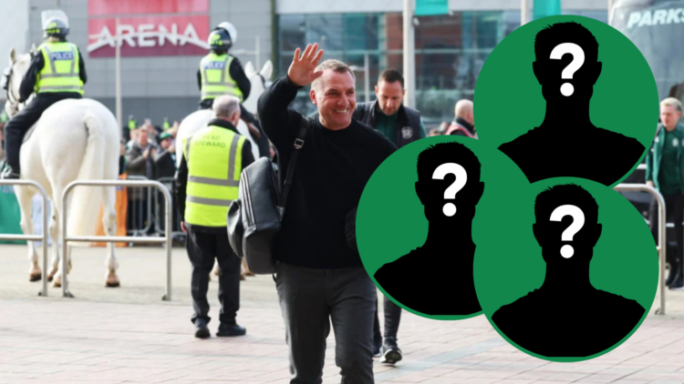 Brendan Rodgers at Celtic Park. Insets of mystery players