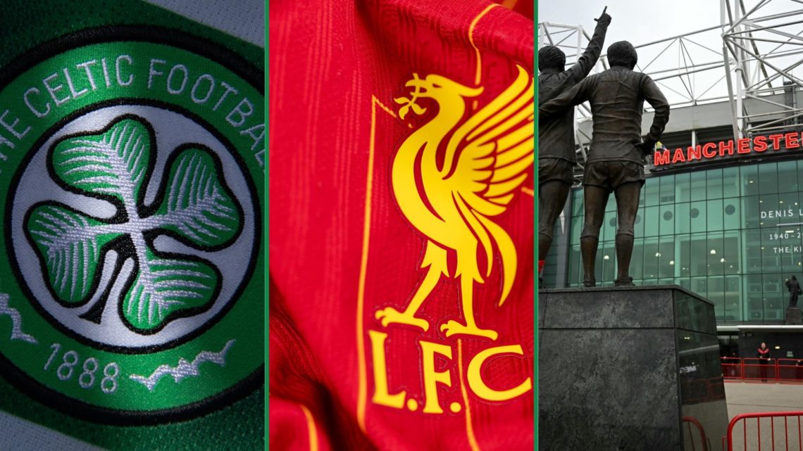 A three-way image split of the Celtic badge, Liverpool badge and outside view of Old Trafford, Manchester United.
