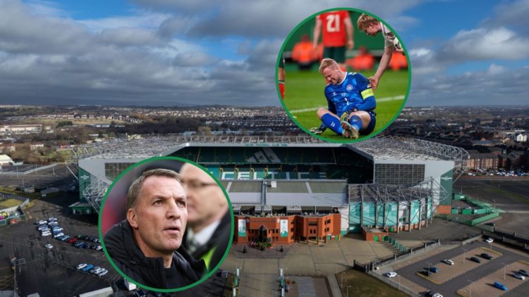An Image of Celtic Park with two insets of Brendan Rodgers and Kasper Schmeichel