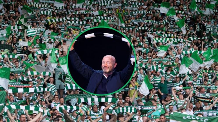 An image of Celtic supporters with an inset of Newcastle United legend Alan Shearer.