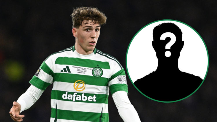 Arne Engels looking on during a match vs Rangers FC, with an inset of a mystery player silhouette.