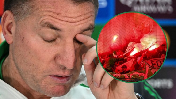 Brendan Rodgers with finger in eye, picture of Celtic fans using pyro inset