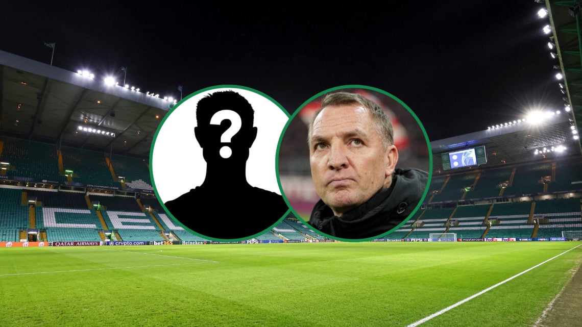 Celtic Park Stadium background image with two insets, one of a mystery player silhouette and the other of Brendan Rodgers.