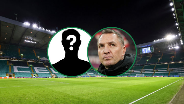 Celtic Park Stadium background image with two insets, one of a mystery player silhouette and the other of Brendan Rodgers.