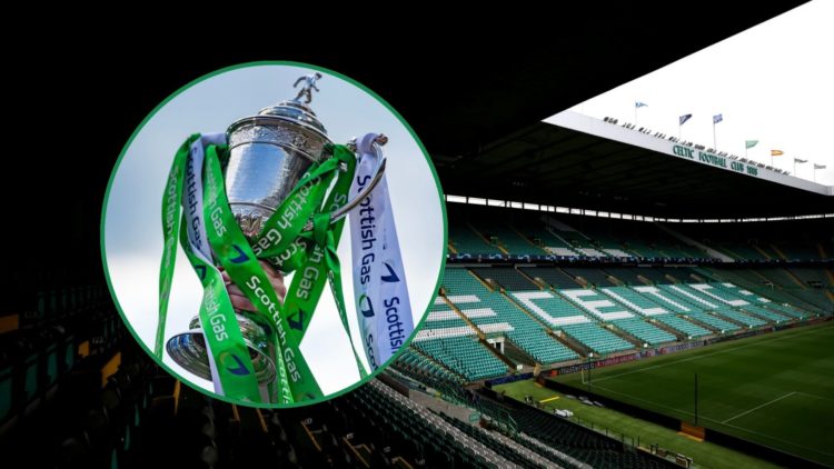 Celtic Park in background with Scottish Cup trophy inset on left