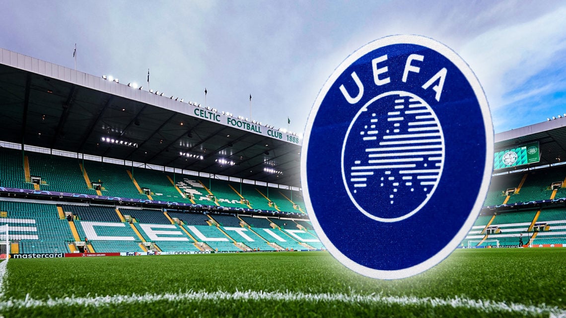Celtic Park in background with UEFA logo inset to right