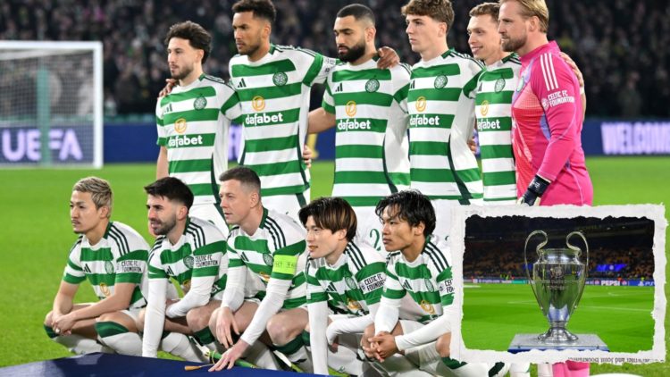 Celtic squad take a team photo for their Champions League clash against Young Boys, with the Champions League trophy (right)
