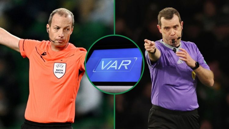 Referee Willie Collum on the left, referee Alan Muir on the right, with VAR logo on pitchside monitor in centre