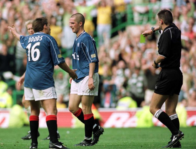 27  Aug 2000: Barry Ferguson of Rangers is sent off by referee Stuart Dougal during the Glasgow Celtic v Glasgow Rangers Bank of Scotland Premier L...