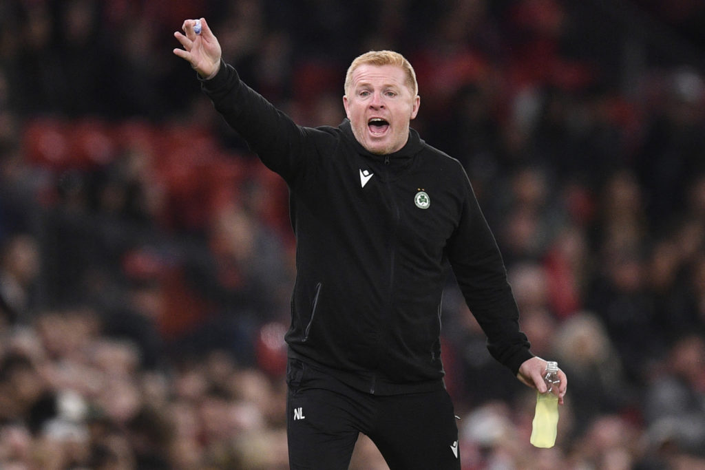 Neil Lennon shouts instructions to his Omonia players during a Europa League tie
