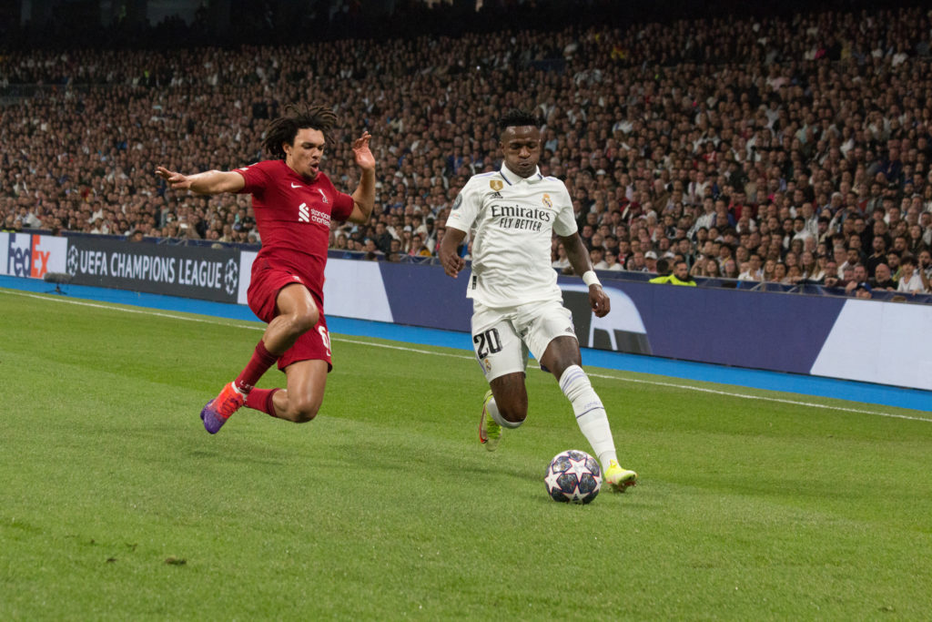 Trent Alexander Arnold (L) and Vinicius Junior (R) during
