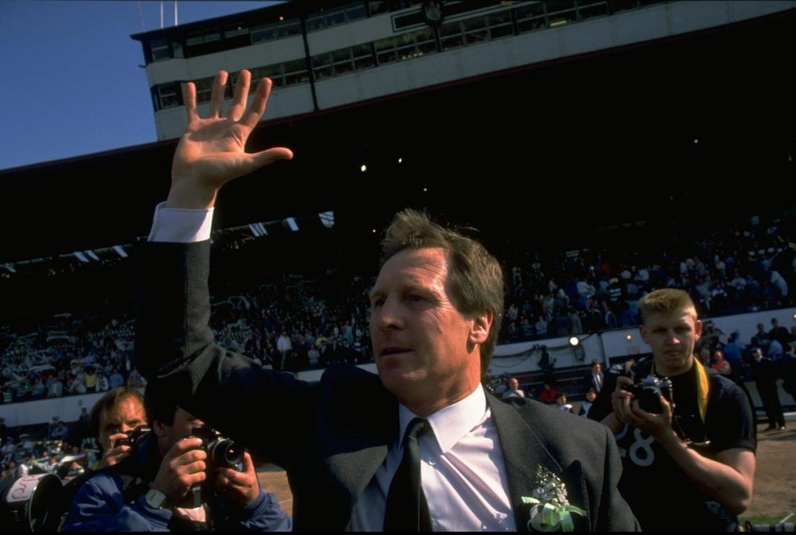 1988: Billy McNeill Manager of the Celtic team waves to the crowd in celebration afterm winning the Scottish Cup Final match against Dundee United...